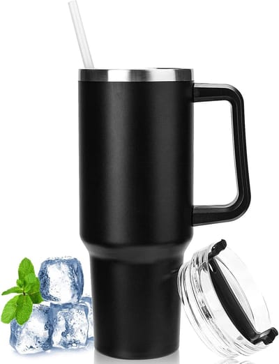 Thermomok, dubbelwandige roestvrijstalen reisfles met rietje en handvat, koffiemok met deksel voor auto, kantoor, warme en koude koffie, water en thee, BPA-vrij, 1.180 ml, zwart