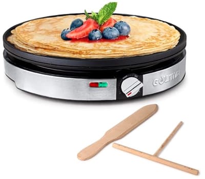 12" Crepe Maker - Nonstick Electric Griddle voor Pannenkoeken, Omeletten en Meer, Precieze Temperatuurregeling met Indicatorlichten, Inclusief Spatel en Beslagverspreider, Snelle Schoonmaak, RVS Afwerking
