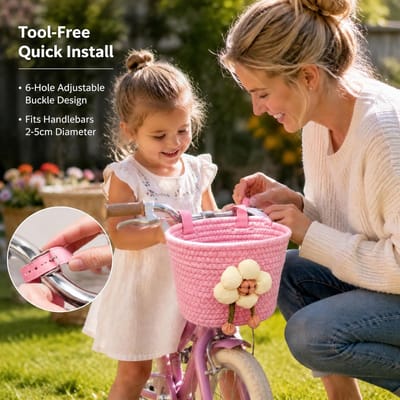 SnelShoppen - Fietsmand voor Kinderen, Handgebreid, Afneembare Fietsmand met Verstelbare Riem, Duurzaam Katoenen Touw, Roze, Voor Jongens en Meisjes,