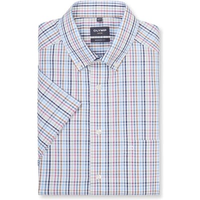 OLYMP Luxor modern fit overhemd - korte mouw - popeline - wit met blauw en bruin geruit - Strijkvrij - Boordmaat: 40 (EU maat: M)