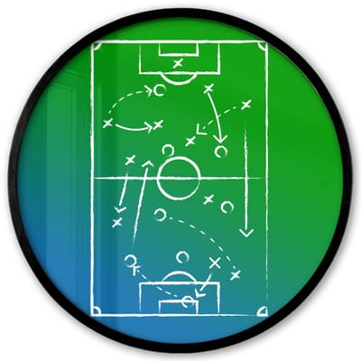 Poster in lijst Rond - Fotolijst 40x40 cm - Posters - Voetbal - Tactiek - Spel - Groen - Blauw - Ronde posterlijst zwart - Decoratie - Wanddecoratie woonkamer - Muurdecoratie slaapkamer