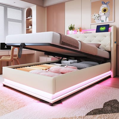 Komhtom Kinderbed Chest bed 90x200 cm met kleurveranderlijke verlichting en USB-aansluiting opklapbaar hoofdeinde met hydraulische opbergruimte met beige linnen zak