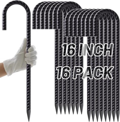 Grondankers 16 Stuks - Stalen Haringen Grondpennen - Stevig Bevestigen Tuin - Heavy Duty J Haak - 40cm Lengte - Zwart