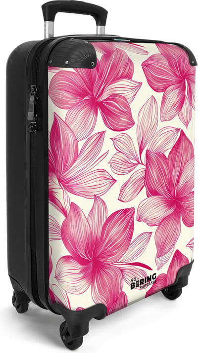 NoBoringSuitcases.com® - Handbagage koffer lichtgewicht - Reiskoffer trolley - Beige met roze bloemen - Rolkoffer op wieltjes voor volwassenen - Valies carryon koffertje - Past binnen 55x40x20 en 55x35x25 - Reizen