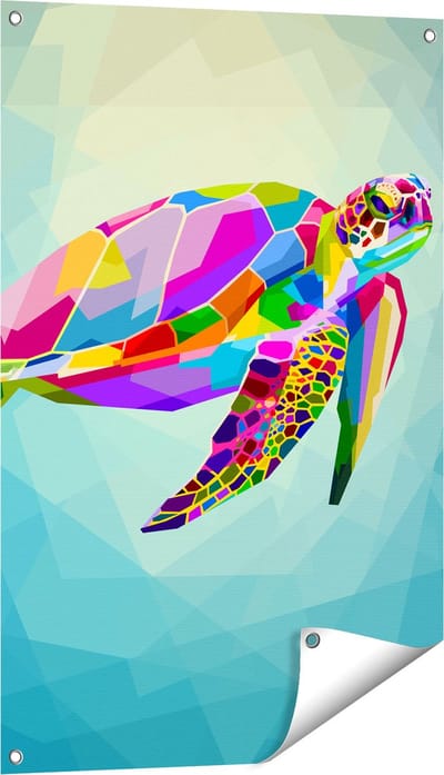 Gards Tuinposter Kleurrijke Schildpad in het Water - 60x90 cm - Tuindoek - Tuindecoratie - Wanddecoratie buiten - Tuinschilderij