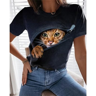 T-shirt Chat Kawaii Imprimé en 3D Pour Femmes T-shirts Graphiques Animaux Drôles Été Décontracté Hauts à Col Rond Manches Courtes T-shirts Amples 6XL