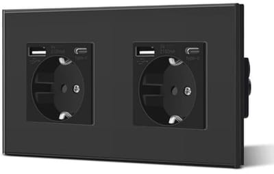 Wandcontactdoos met 2 Geaarde Stopcontacten en USB Oplaadpoort - Zwart