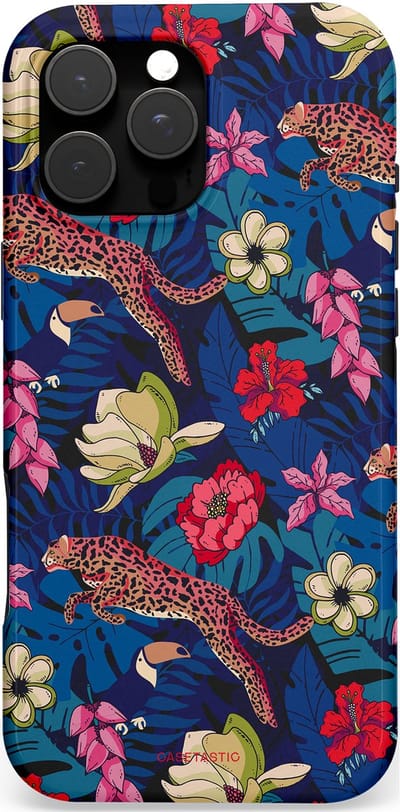 Casetastic hoesje geschikt voor Apple iPhone 16 Pro Max - MagSafe - Dubbellaagse bescherming - Jungle parade - Fashion Case - Donkerblauw Bordeaux Taupe Donkergrijs