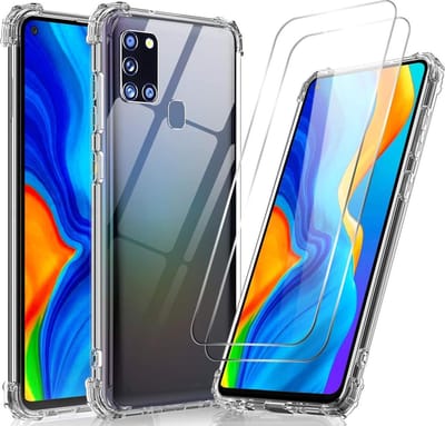 Anti-Shock silicone hoesje met 2 Pack Tempered glas Screen Protector Geschikt voor: Samsung Galaxy A21S