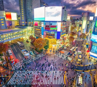 Beroemde Shibuya Crossing bij neon verlichting in Tokio - Fotobehang (in banen) - 250 x 260 cm