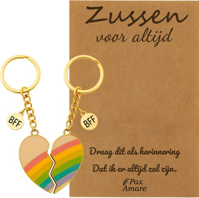 BFF Sleutelhanger voor 2 'Zussen voor altijd' - Magnetisch Regenboog Hartje - Sleutelhanger set op Cadeau Kaartje Sleutelhanger set - Goudkleurig - Vriendschap Symbool - Pax Amare