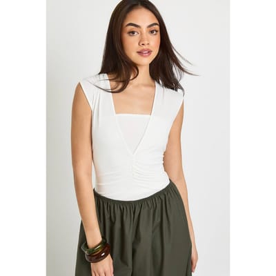 boohoo Dames Glanzend Gerimpeld Bodysuit Met V-hals | Wit | Maat: 34