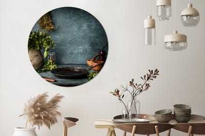 WallCircle® Wandcirkel 120x120 cm - Muurcirkel Kruiden - Specerijen - Pan - Mes - Grijs - Rustiek - Muurdecoratie woonkamer - Wanddecoratie slaapkamer - Kamer decoratie accessoires - Ronde schilderijen XXL