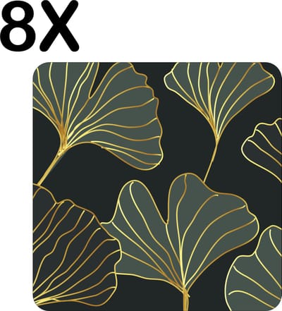 Luxe Placemat - Goud met Groene Getekende Bladeren - Set van 8 Placemats - 50x50 cm - 2 mm dik Vinyl - Anti Slip - Afneembaar
