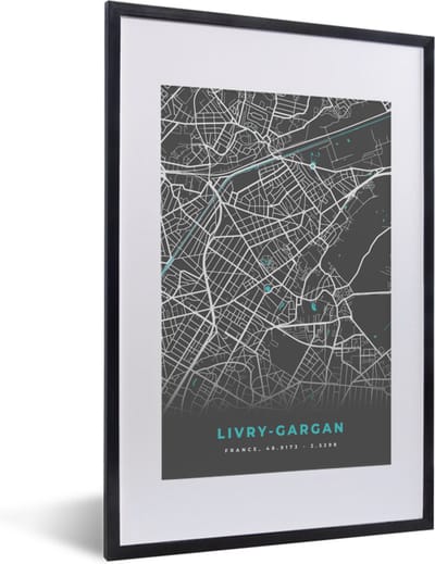 Fotolijst incl. Poster - Livry-Gargan - Frankrijk - Plattegrond - Kaart - Stadskaart - 40x60 cm - Posterlijst