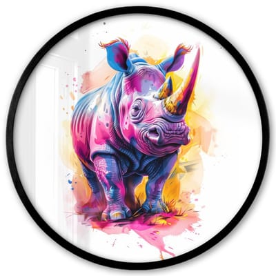Poster in lijst Rond - Fotolijst 40x40 cm - Posters - Neushoorn - Kleurrijk - Verf - Dieren - Ronde posterlijst zwart - Decoratie - Wanddecoratie woonkamer - Muurdecoratie slaapkamer