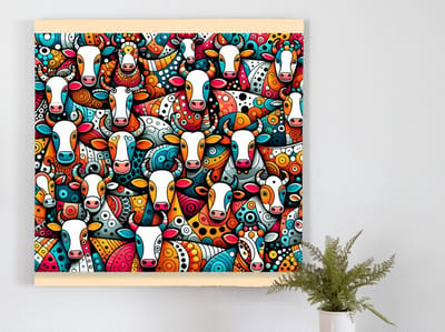 Pop art koeien schilderij | Mooie melkkoeien gemengd met levendige pop art kleuren chaos | Kunst - 60x60 centimeter op Dibond | Foto op Dibond