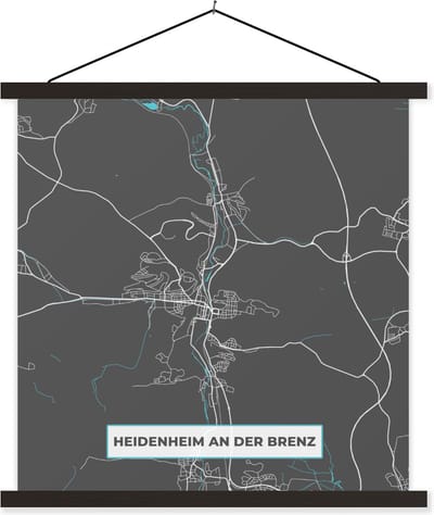 Posterhanger incl. Poster 60x60 cm - Schoolplaat - Kaart – Plattegrond – Stadskaart – Heidenheim an der Brenz – Duitsland – Blauw - Textielposter - Zwarte latten - Stadskaart