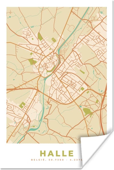 Poster België - Kaart - Plattegrond - Stadskaart - Halle - 120x180 cm XXL