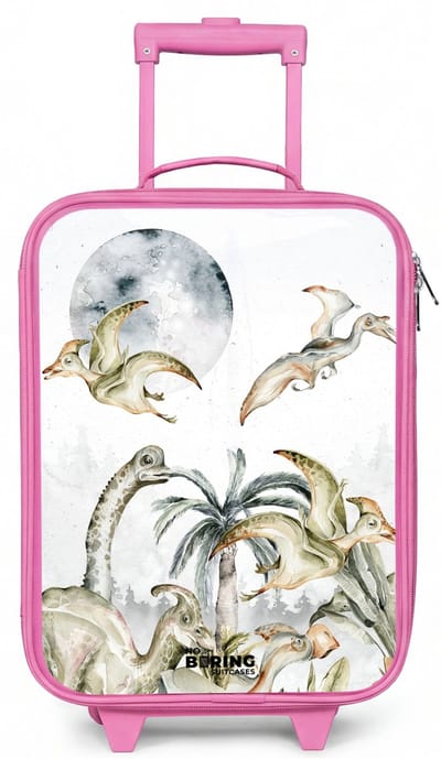 NoBoringSuitcases.com® - Kinderkoffer roze - Kindertrolley meisje - Dino's in de jungle - Koffer kind lichtgewicht - Reiskoffer trolley voor kinderen - Koffertje met lichtgevende wieltjes - Rolkoffer