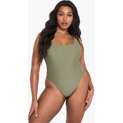 boohoo Dames Plus Swimwear Essentials Badpak met vierkante hals | Khaki | Maat: 26