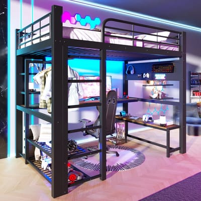 Hoogslaper 140x200 cm - Zwart - Metaal - Hoogslaper Met LED-lichtstrip, Planken, Hoogslaper Met Houten Bureau & Wasrek - Tienerhoogslaper - Kinderhoogslaper - Zonder Matras - Ruimtebesparend