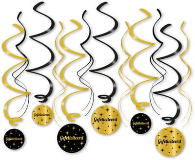 Q2P – Gefeliciteerd Slingers – Zwart & Gouden Hangdecoratie – Verjaardag Versiering – Feest Swirl – 12 Stuks