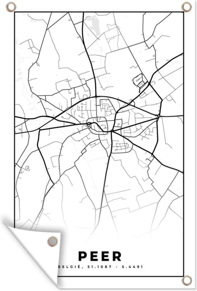 Muurdecoratie België – Peer – Stadskaart – Kaart – Zwart Wit – Plattegrond - 120x180 cm - Tuinposter - Tuindoek