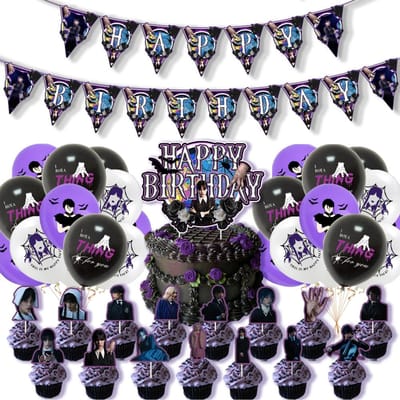 Wednesday Addams Feestartikelen Inclusief Banner, Cupcake Toppers, Ballonnen gray