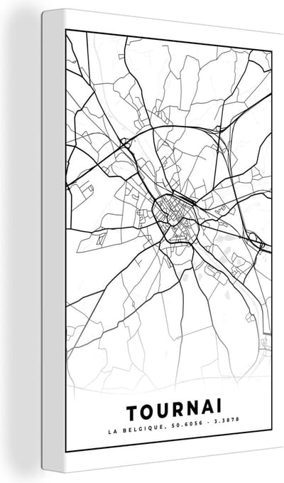 Canvas Schilderij Zwart Wit – België – Plattegrond – Stadskaart – Kaart – Tournai - 20x30 cm - Wanddecoratie