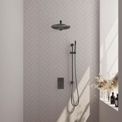 Brauer Gunmetal Carving Thermostatische Regendoucheset Inbouw - Hoofddouche 30 cm - Rechte Wandarm - 3 Weg - Handdouche Staaf - Doucheslang - Geintegreerde Glijstang - Gunmetal