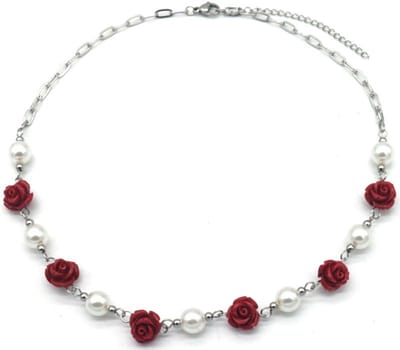 Ketting met Parels en Rozen - RVS - Lengte 39-44 cm - Zilverkleurig