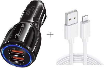 Autolader met 2X USB 3.0 Poort 30W Snellader + 8-Pin kabel geschikt voor iPhone en iPad - Auto telefoon oplader - sigarettenaansteker - universeel - zwart