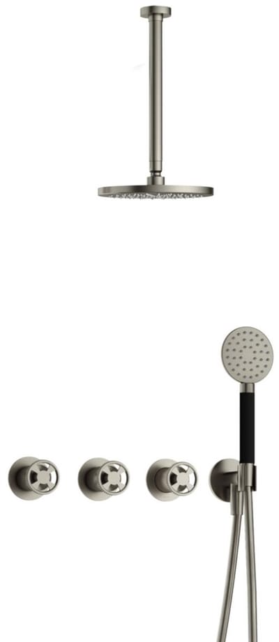Hotbath Cobber @Work IBSW70 inbouw regendoucheset met ronde handdouche aan houder en 20cm ronde hoofddouche aan 30cm plafondarm geborsteld nikkel