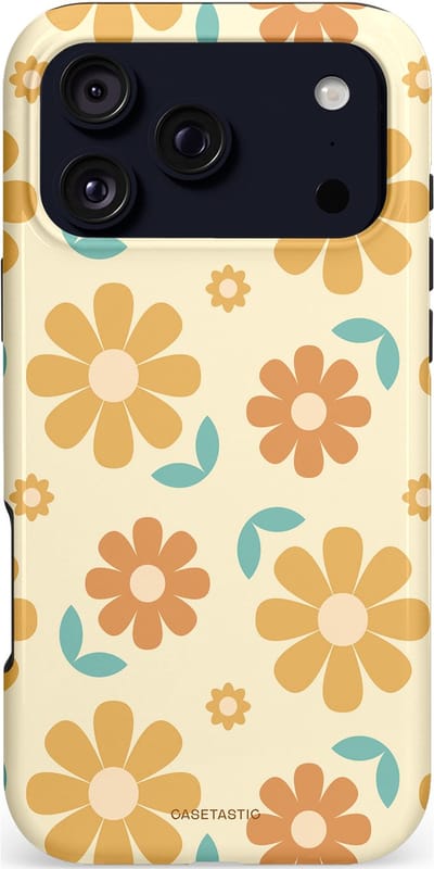 Casetastic hoesje geschikt voor Apple iPhone 17 Pro Max - MagSafe - Dubbellaagse bescherming - Flower power Retro Bloemen - Geel - Oranje - Blauw - Fashion Case - Crème Goud Perzik