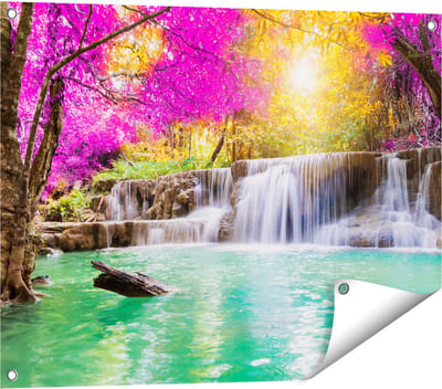 Gards Tuinposter Waterval met Groen Water en Roze Bladeren - 80x60 cm - Tuindoek - Tuindecoratie - Wanddecoratie buiten - Tuinschilderij