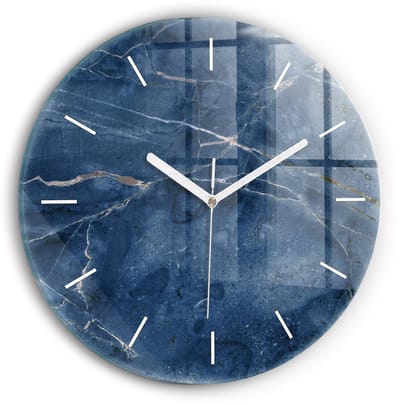 Wallfluent Wandklok - Blauwe marmertextuur Klok met Print - 30 cm x 30 cm - Blauw Wandklok - Witte Handen - Wandklok Zonder Cijfers - Stille Wandklok Slaapkamer - Ronde Glazen Wandklok - Minimalistisch Wandklok - Klok met Afbeelding