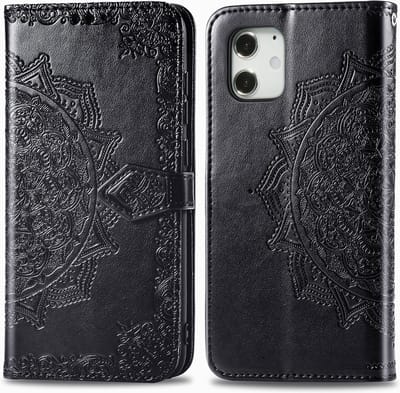 Bookcase geschikt voor Apple iPhone 12 Mini - Zwart - Bloemen - Portemonnee Hoesje