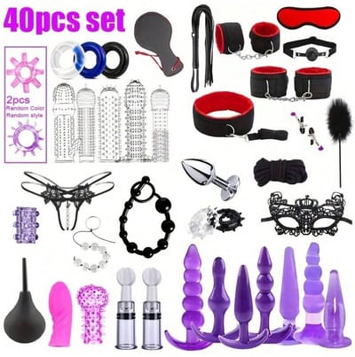 Oneay BDSM Bondage Set 40-delig – Complete SM Set met Handboeien, Blinddoek, Zweep, Tepelklemmen & Buttplugs – PU Leer – Bondage Speeltjes voor Koppels, Beginners & Rollenspel - Rood
