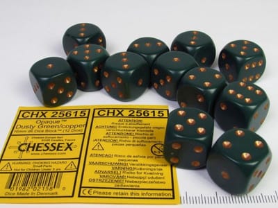 Chessex Opaque Dusty Green goud D6 16mm Dobbelsteen Set 12 stuks.