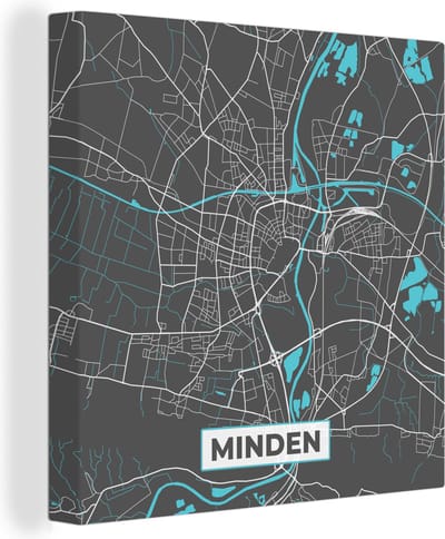 Canvas Schilderij Minden – Stadskaart – Blauw – Plattegrond – Stadskaart – Kaart - Duitsland - 20x20 cm - Wanddecoratie