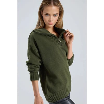 Oversized Geribde Gebreide Trui met Ritskraag
