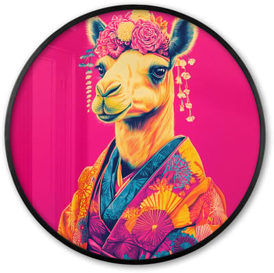 Poster in lijst Rond - Fotolijst 60x60 cm - Posters - Kameel - Bloemen - Kimono - Waaiers - Ronde posterlijst zwart - Decoratie - Wanddecoratie woonkamer - Muurdecoratie slaapkamer
