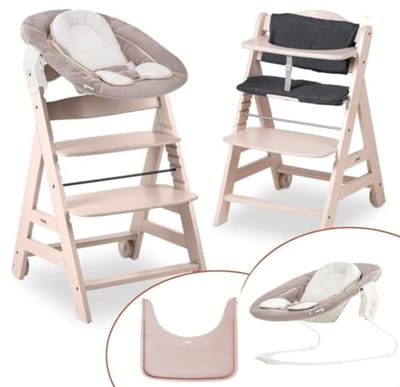 Hoge stoel met Newborn Set - Kinderstoel van Hout met Wipstoeltje, 2-in-1 Functie, Zitkussen en Dienblad - Whitewashed