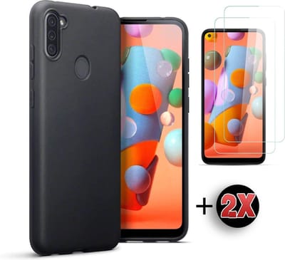 HB Hoesje Geschikt voor Samsung Galaxy M11 - Zwart - Siliconen Back Cover 2X Glazen Screenprotector