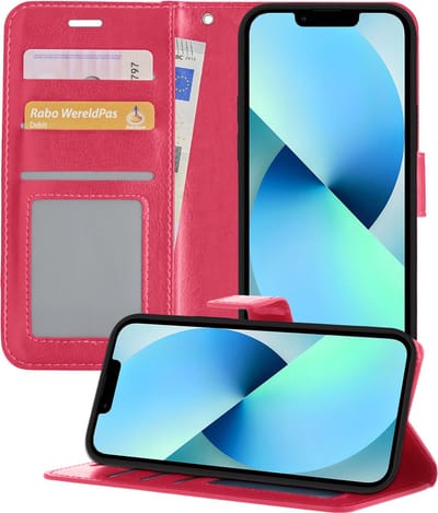 Hoesje - Geschikt voor Apple iPhone 14 - Luxe Bookcase - Walletcase Hoes - Portemonnee - Cover - Telefoonhoes - Donkerroze