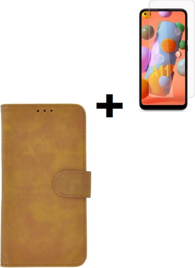 Geschikt voor Samsung Galaxy A11 hoes Effen Wallet Bookcase Hoesje Cover Bruin + Tempered Gehard Glas / Glazen screenprotector Pearlycase
