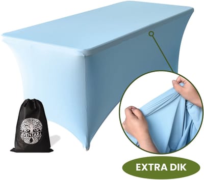 Tafelhoes Licht Blauw – 180-183 x 75 x 75 cm - 2 Jaar Garantie - Extra Dik – Luxe Stretch Hoes Voor Klaptafel, Buffettafel, Partytafel, Tuin- & Campingtafel – Kras- en Kreukvrije Tafel Rok met Opbergtas