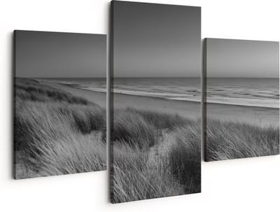 Artaza Canvas Schilderij Drieluik Strand en Zee met Zonsondergang - Zwart Wit - 150x120 - Groot - Foto Op Canvas - Canvas Print