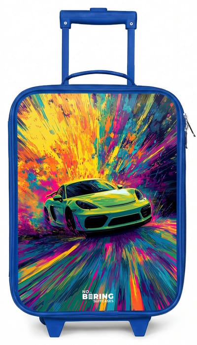 NoBoringSuitcases.com® - Kinderkoffer blauw - Kindertrolley jongen - Sportwagen - Explosie - Kleurrijk - Verfstrepen - Koffer kind lichtgewicht - Reiskoffer trolley voor kinderen - Koffertje met lichtgevende wieltjes - Rolkoffer